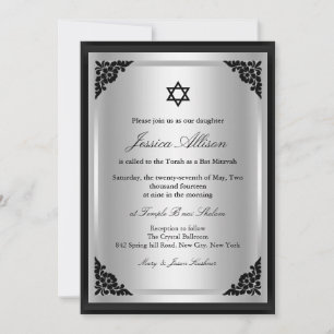 Invitation bat mitzvah élégante Black & Silver