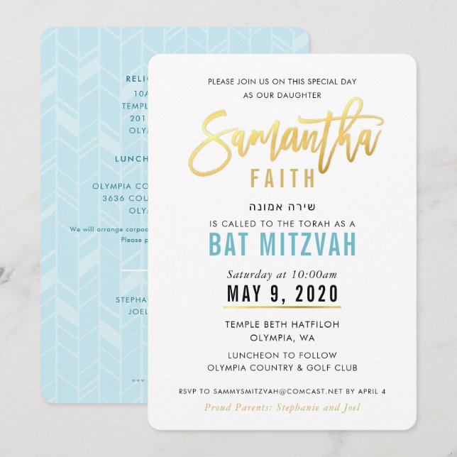 Invitation BAT MITZVAH en or bleu turquoise script SAMANTHA (Devant / Derrière)