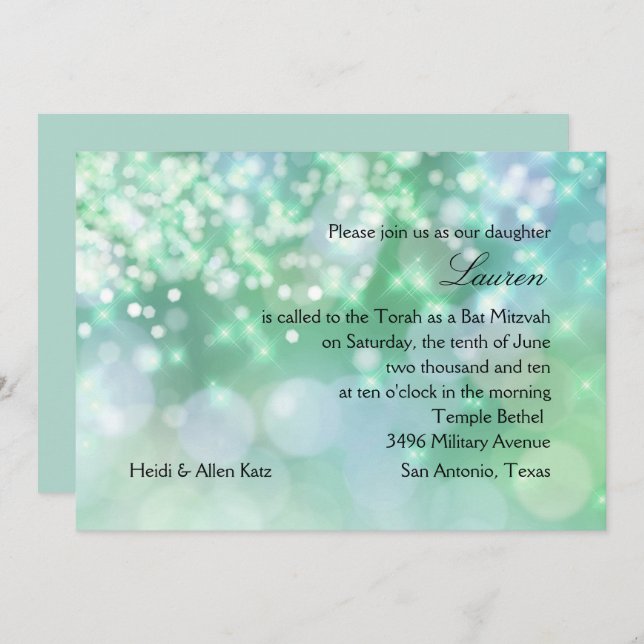 Invitation Bat mitzvah étincelle Aqua (Devant / Derrière)