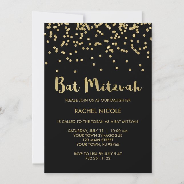 Invitation Bat mitzvah fascinant de confettis d'or sur le (Devant)