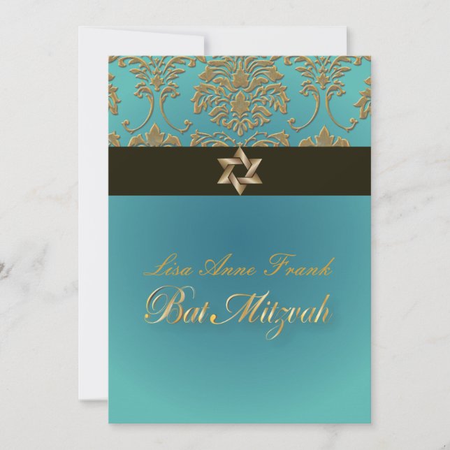 Invitation Bat mitzvah+Faux Gold Damask/noir+aqua (Devant)