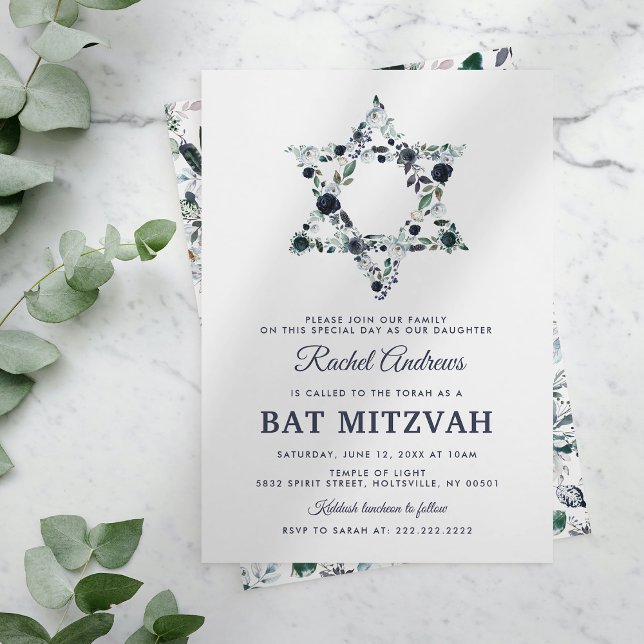 Invitation Bat mitzvah Floral Bleu (Créateur téléchargé)