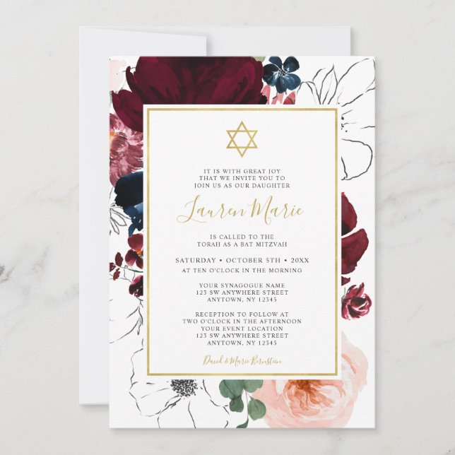Invitation Bat mitzvah Floral bleu de la marine de Bourgogne (Devant)