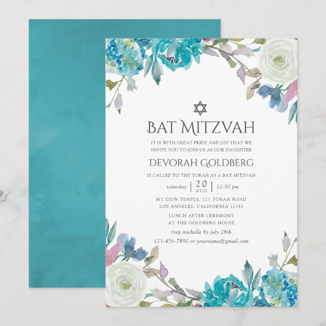 Invitation Bat mitzvah floral bleu et turquoise (Devant / Derrière)