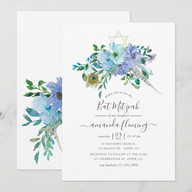 Invitation Bat mitzvah floral Boho à la menthe et à l'aquarel (Devant / Derrière)