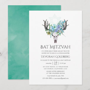 Invitation Bat mitzvah floral Boho à la menthe et à l'aquarel