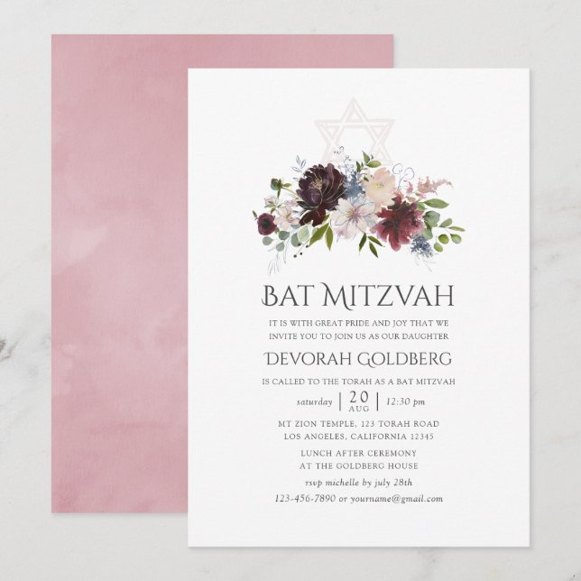Invitation Bat mitzvah floral Bourgogne et bleu (Devant / Derrière)