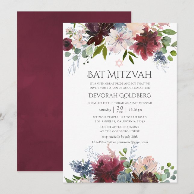 Invitation Bat mitzvah floral Bourgogne et bleu (Devant / Derrière)