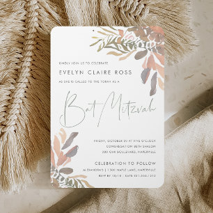 Invitation Bat mitzvah floral de Boho neutre rustique