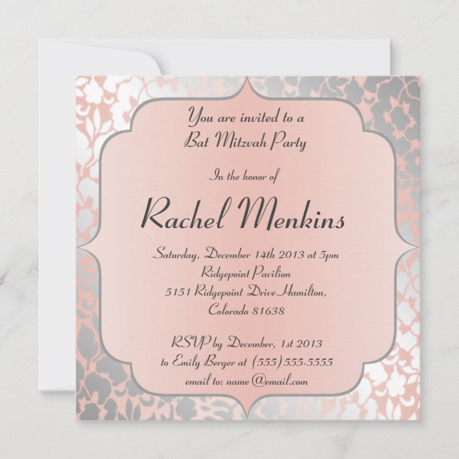 Invitation Bat mitzvah floral de la Pêche métallique officiel (Devant)