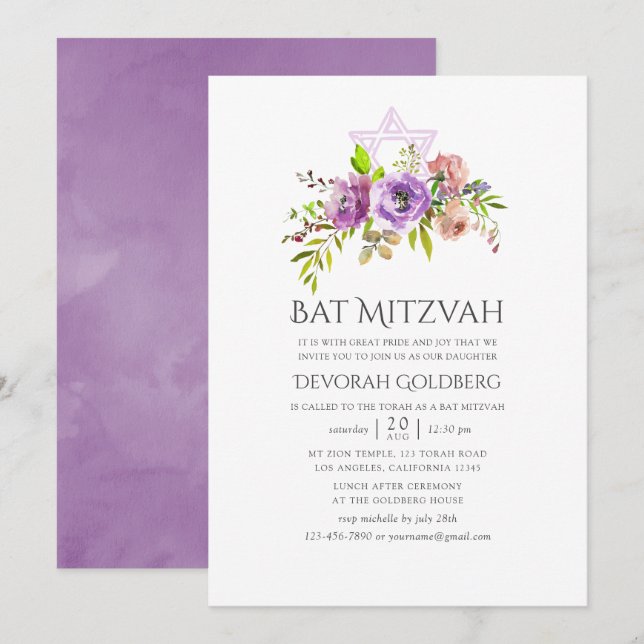 Invitation Bat mitzvah floral de printemps (Devant / Derrière)