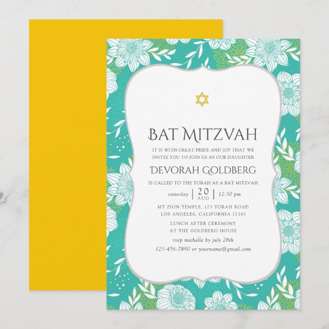 Invitation Bat mitzvah floral jaune et Turquoise (Devant / Derrière)