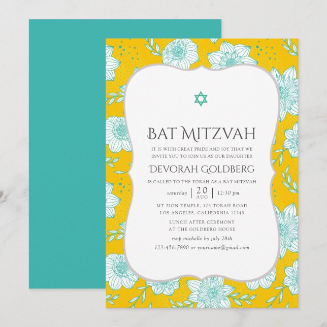Invitation Bat mitzvah floral jaune et Turquoise (Devant / Derrière)
