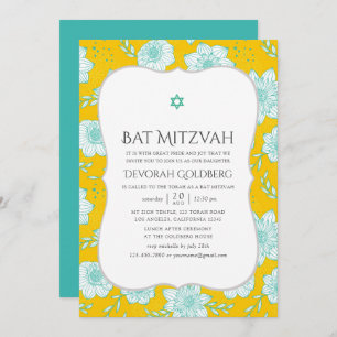 Invitation Bat mitzvah floral jaune et Turquoise