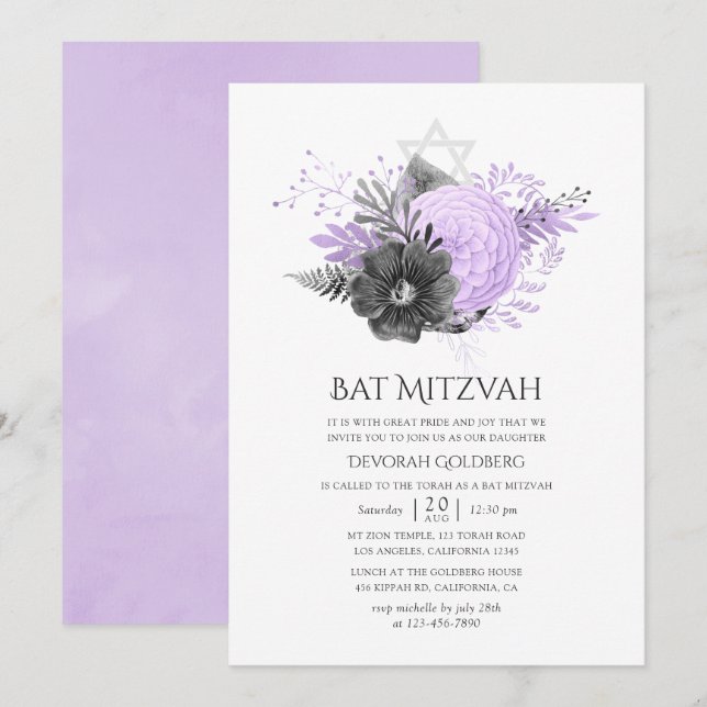 Invitation Bat mitzvah floral Lilac et charbon de bois (Devant / Derrière)