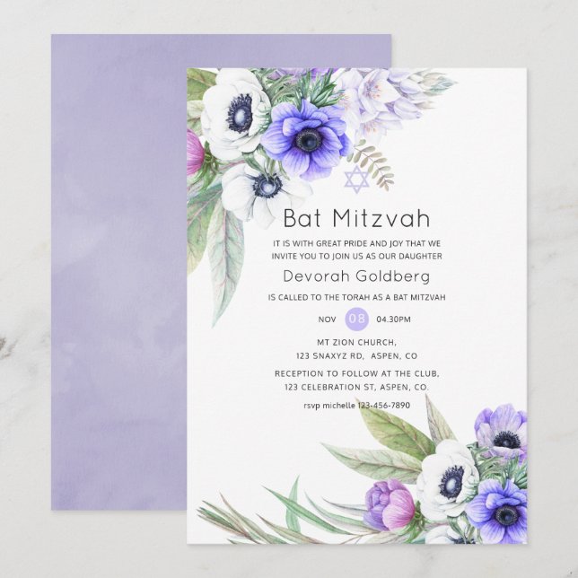 Invitation Bat mitzvah floral Pastel Violet et Plum (Devant / Derrière)