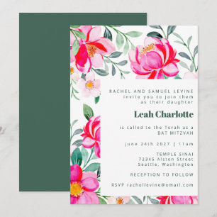 Invitation Bat mitzvah floral rose chaud et vert d'eau
