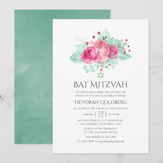 Invitation Bat mitzvah floral rose et menthe (Devant / Derrière)
