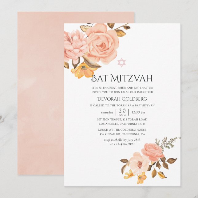 Invitation Bat mitzvah floral rose et or (Devant / Derrière)