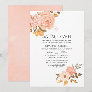 Invitation Bat mitzvah floral rose et or