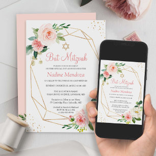 Invitation Bat Mitzvah   Floral Rose Géométrique Blush