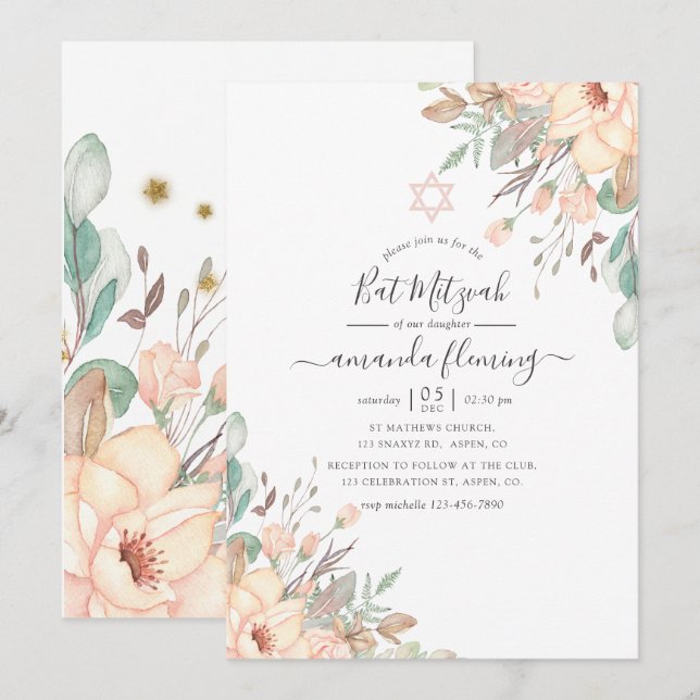 Invitation Bat mitzvah floral rose pâle (Devant / Derrière)