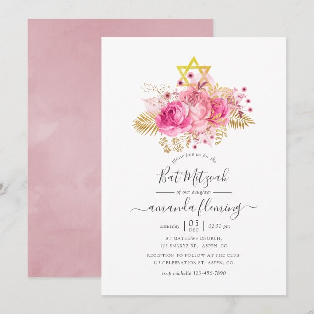 Invitation Bat mitzvah floral tropical rose et or (Devant / Derrière)