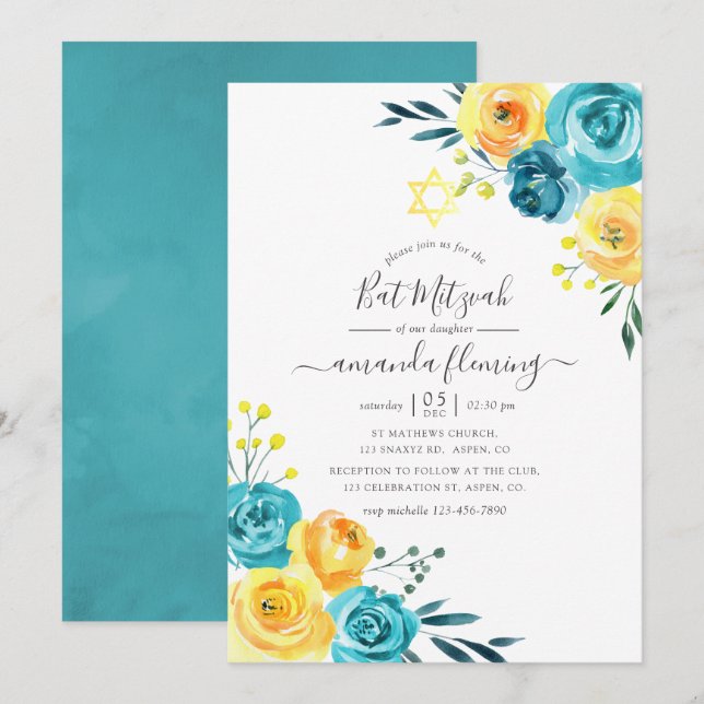 Invitation Bat mitzvah floral turquoise et jaune (Devant / Derrière)