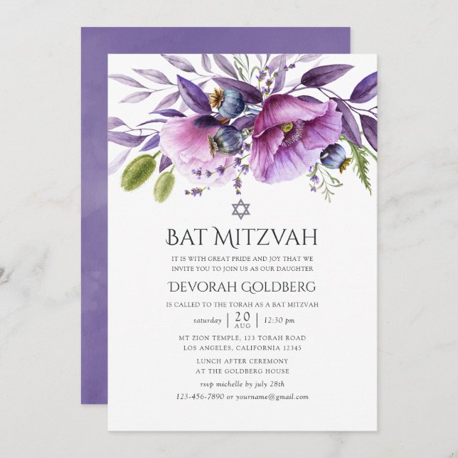 Invitation Bat mitzvah floral violet (Devant / Derrière)