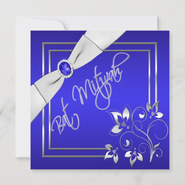 Invitation Bat mitzvah florale bleue et argentée (Devant)