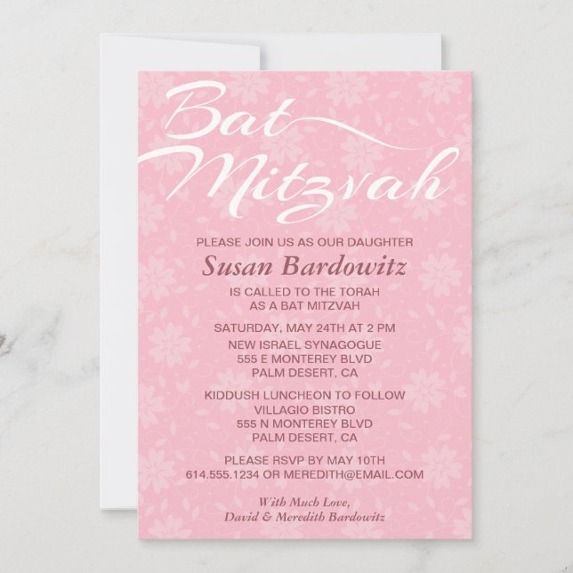 Invitation Bat mitzvah florale élégante (Devant)