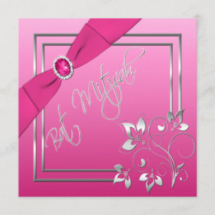 Invitation Bat mitzvah florale rose et argent