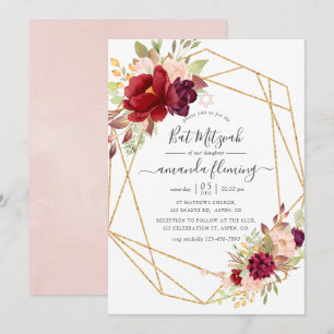 Invitation Bat mitzvah géométrique Boho de Bourgogne et de Bl