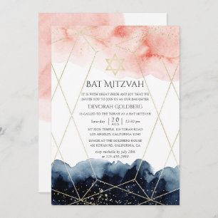 Invitation Bat mitzvah géométrique marine et couleur blanche