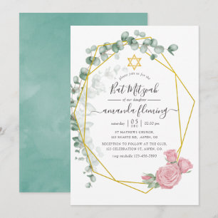 Invitation Bat mitzvah géométrique Rose Eucalyptus