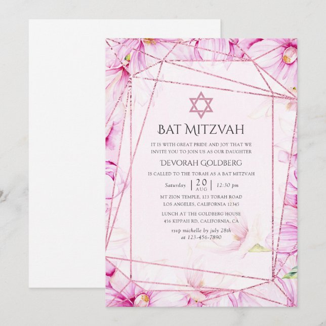 Invitation Bat mitzvah géométrique rose Gold et rose Magnolia (Devant / Derrière)