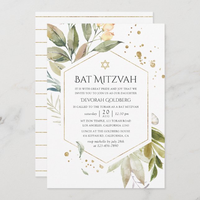 Invitation Bat mitzvah géométrique Serenity Greenery (Devant / Derrière)