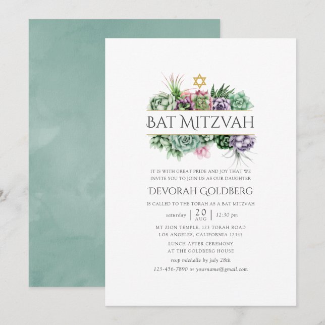 Invitation Bat mitzvah géométrique Succulent aquarelle (Devant / Derrière)