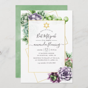Invitation Bat mitzvah géométrique Succulent aquarelle
