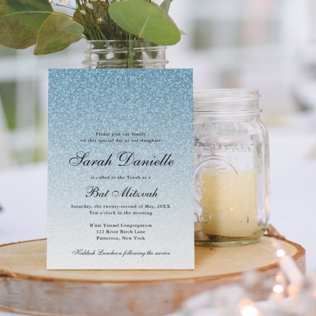 Invitation Bat mitzvah Glam Parties scintillant bleu clair (Créateur téléchargé)