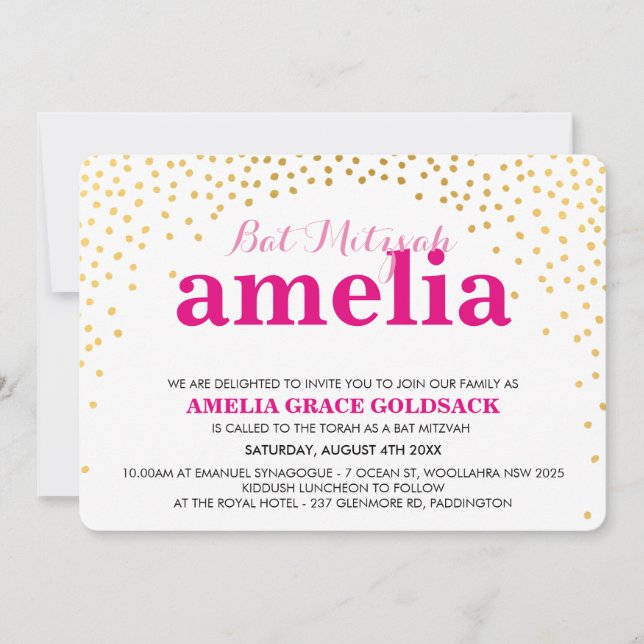 Invitation Bat mitzvah GLAMOROUS rustique mini confetti en or (Devant)