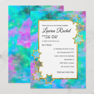 Invitation Bat mitzvah Gold Star Abstrait Vert bleu rose