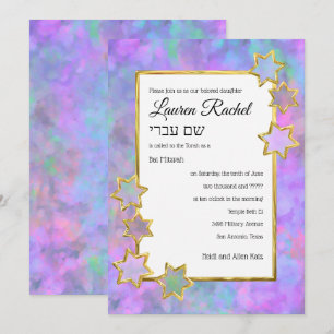 Invitation Bat mitzvah Gold Star Abstrait violet bleu rose