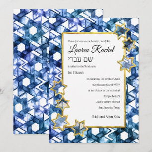 Invitation Bat mitzvah Gold Star Blue Aquarelle Damas