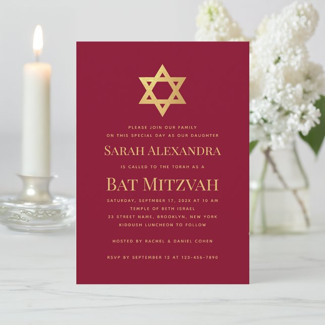 Invitation Bat Mitzvah Gold Star of David Simple Burgundy Red (Créateur téléchargé)