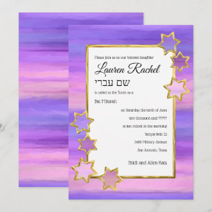 Invitation Bat mitzvah Gold Star Purple Pink Stripes