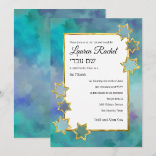 Invitation Bat mitzvah Gold Star Résumé Design bleu