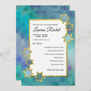 Invitation Bat mitzvah Gold Star Résumé Design bleu