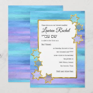 Invitation Bat mitzvah Gold Star violet turquoise raypes