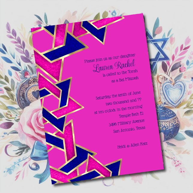 Invitation Bat mitzvah Hot rose Marine étoile bleue de David (Créateur téléchargé)